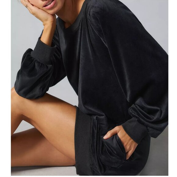 Anthropologie Daily Practice Velvet Puff-Sleeve Dress Black XS - Picture 5 of 11